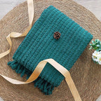 Striped Knit Throw Blanket with Braided Tassels 50" x 60", Hand Knitted Soft Chunky Chain Design Boho Farmhouse Blanket, Solid Color Tassel Decor Throw for Couch Bed Sofa Outdoor, Dark Teal