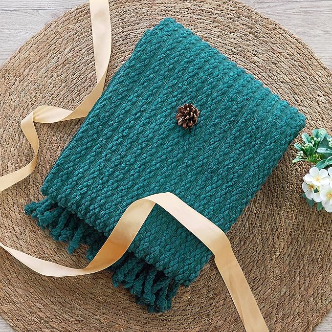 Striped Knit Throw Blanket with Braided Tassels 50" x 60", Hand Knitted Soft Chunky Chain Design Boho Farmhouse Blanket, Solid Color Tassel Decor Throw for Couch Bed Sofa Outdoor, Dark Teal