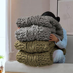 Chunky Knit Blanket Throw - 100% Hand Knitted Chunky Throw Blanket for Couch, Thick and Warm Blanket for Winter, Olive Green, 50x60 Inches