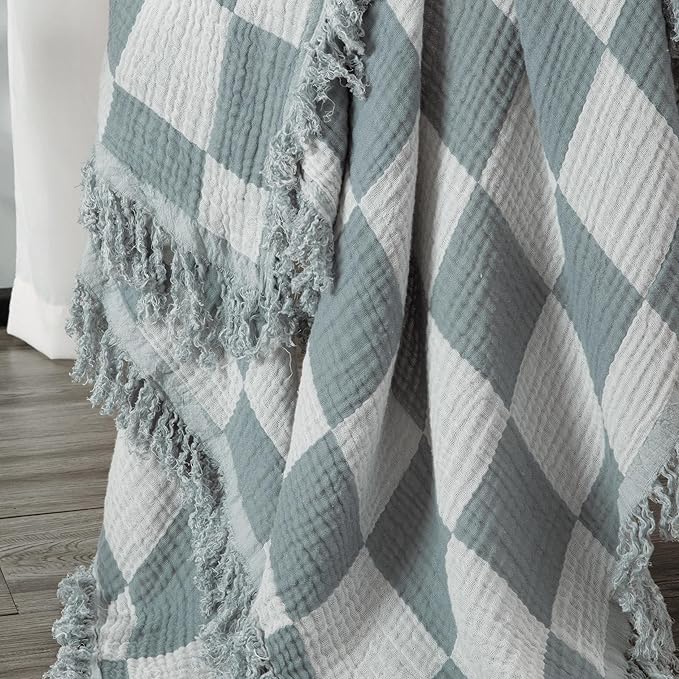 Chezmoi Collection Kendall Checkered Cotton Muslin Throw Blanket 50" W x 60" L, Knit Woven Gauze Blanket with Frayed Tassels for Bed Couch Travel Lightweight Breathable Cozy Throw, Gray/White