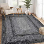 Large Bedroom Rug 6x9 Machine Washable Rug Braided Print Boho Throw Floor Cover Farmhouse Rustic Dining Room Carpet Geometric Bordered Braided Carpet for Living Room Home Office, Black