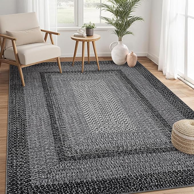 Large Bedroom Rug 6x9 Machine Washable Rug Braided Print Boho Throw Floor Cover Farmhouse Rustic Dining Room Carpet Geometric Bordered Braided Carpet for Living Room Home Office, Black