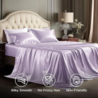 Bedsure Satin Sheets Queen Size - 4 Piece Silky Bedsheets with Elastic Corner Straps and 15 Inches Deep Pocket Fitted Bedsheet,1 Flat Sheet, 2 Satin Pillowcases, Good for Hair & Skin (Queen, Lavender)