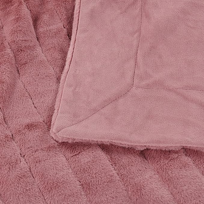 Striped Throw Blanket and Pillow Covers Set (No Inserts) for Couch and Bed, Plush Warm Lightweight Fuzzy Faux Fur Blanket for All Seasons (50" x 60", Dusty Rose)