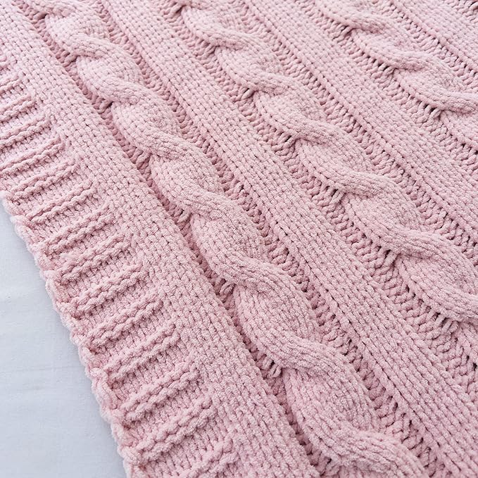 Chenille Chunky Knitted Throw Blanket with 14 pcs Pom Poms Tassel Super Soft Cozy Warm Blanket for Sofa Bed Soft Couch 50 x60 inches (Pink)?-¡­