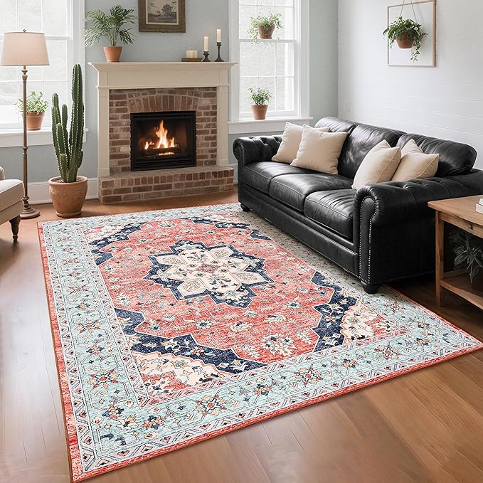 CRYPTOLITE Living Room Rug 7x10, Machine Washable Area Rug Non Slip Low Pile Vintage Rug for Living Room, Bedroom, Farmhouse, Dining Room, Kids Playroom, Red&Blue