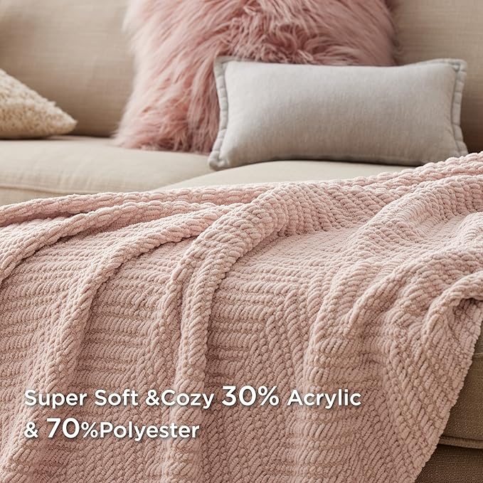 Bedsure Spring Throw Blankets for Couch - Textured Knit Woven Chenille Blanket - Super Soft, Warm Decorative Boho Throw with Tassels for Bed, Sofa and Living Room, Light Pink, 50x60 Inches
