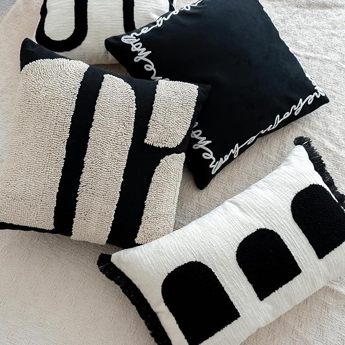Black White Boho Fringe Tasseled Pillow Cover, Neutral Decorative Rectangular Throw Pillow Case, Geometric Modern Sham for Bed Couch Living Room, 12x20 inches, 1PCS