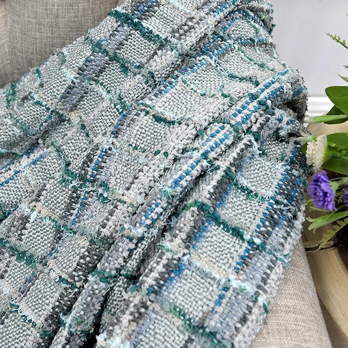 Multicolored Chenille Knitted Throw Soft Cozy Fluffy Reversible Boho Plaid Throw Blanket with Tassels for Couch Chair Bed Cover Living Room Bedroom Décor, 50" x 60", Gray Blue