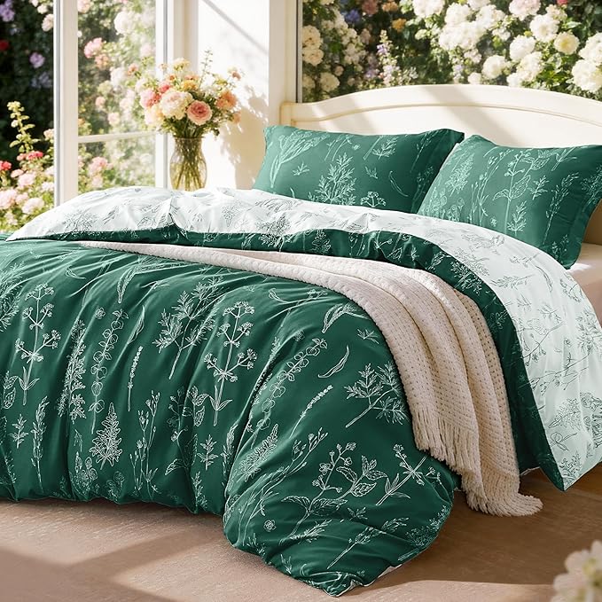 Love's cabin Emerald Twin Comforter Set - Twin XL Size Comforter Set Dorm Bedding, 2 Pieces Cute Floral Bedding, Soft Reversible Flowers Comforter, 1 Comforter & 1 Pillow Sham