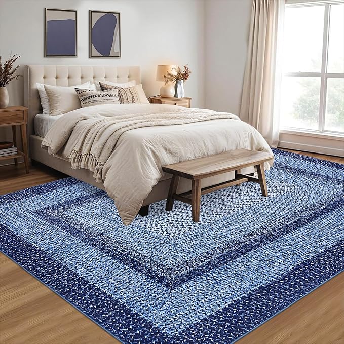 RUGSREAL Washable Rug 5x7 Boho Rug Modern Geometric Floor Carpet Indoor Throw Floor Cover Braided Print Dining Room Rugs Non Slip Farmhouse Rug Rustic Bohemian Carpet for Living Room Bedroom, Navy