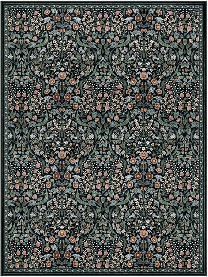 Lahome Claude Floral 9x12 Black Rug for Living Room, Boho Thin Stain Resistant Dining Room Rugs for Under Table, Soft Carpet with Rubber Backing for Guestroom