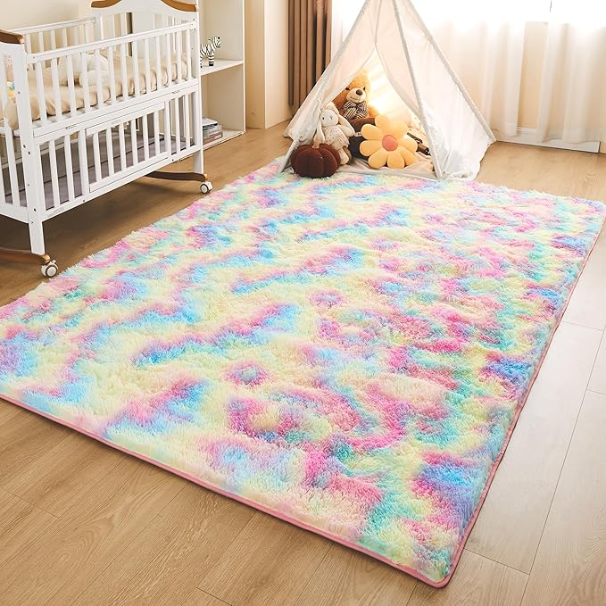 Litanika 6x9 Shag Area Rug for Living Room Bedroom, Tie-Dyed Rainbow High Pile Soft Plush Shaggy Furry Cute Bedside Playroom Dorm Carpet, Non-Slip, Non-Shedding Modern Indoor Floor Rug