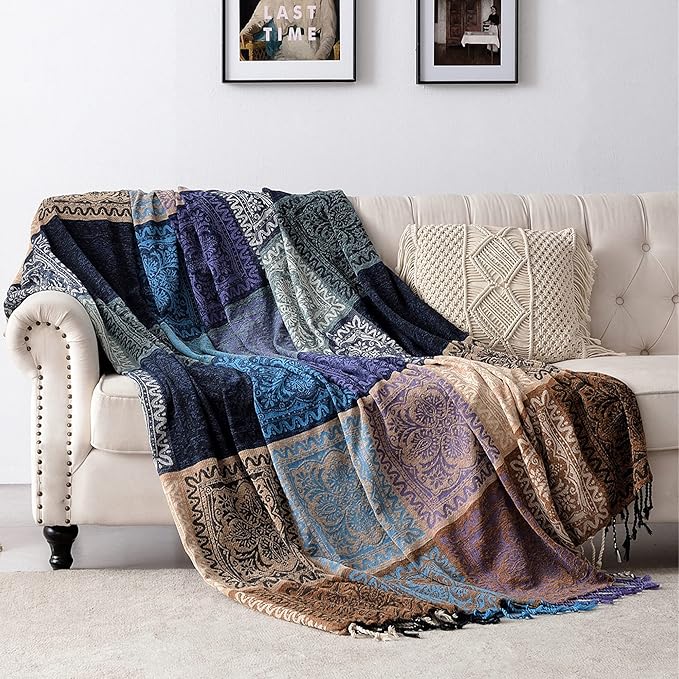 Boho Throw Blanket, Chenille Jacquard Tassels Throw Blankets for Bed Couch Sofa Chair，Bohemian Decor Couch Cover (Purple, Large 86 * 102Inches)