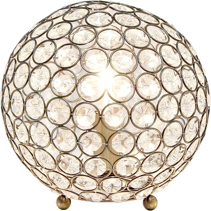 Elegant Designs LT1026-ABS 8" Elipse Crystal Collection Metal Crystal Ball Sequin Table Desk Lamp for Accent Lighting, Décor, Living Room, Antique Brass
