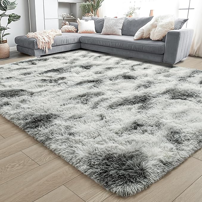 Noahas Fluffy 4x6 Area Rugs for Bedroom Living Room,Tie-Dyed Grey and White Thick Shag Throw Floor Carpet,Soft Shaggy Bedside Non-Slip Plush Dorm Nursery Kids Rug
