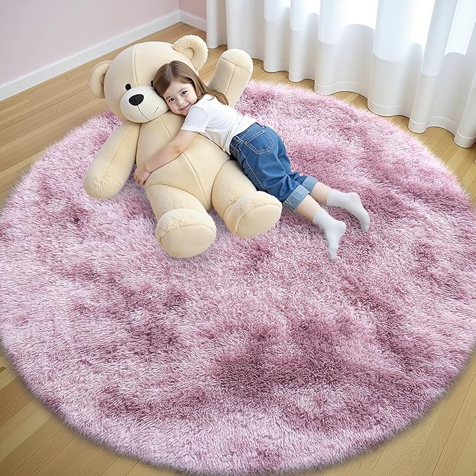 OLANLY Dusty Pink Tie-dye Round Rugs for Bedroom - Machine Washable, 5x5 Feet Circle Area Rugs for Living Room, Soft and Fluffy Shaggy Carpet for Teen Girls and Boys, Dorms, Home Decor Aesthetic