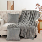 Striped Throw Blanket and Pillow Covers Set (No Inserts) for Couch and Bed, Plush Warm Lightweight Fuzzy Faux Fur Blanket for All Seasons (50" x 60", Gray)