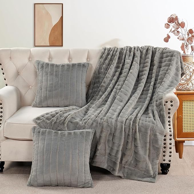 Striped Throw Blanket and Pillow Covers Set (No Inserts) for Couch and Bed, Plush Warm Lightweight Fuzzy Faux Fur Blanket for All Seasons (50" x 60", Gray)