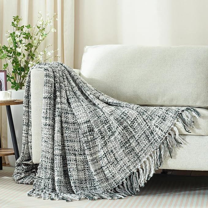 Multi-Color Grey Cable Woven Throw Blanket for Couch,50"X60" Boho Style Textured Blankets for Home Decor,Super Soft Warm Cozy Chunky Blanket with Decorative Tassels for Bed and Sofa
