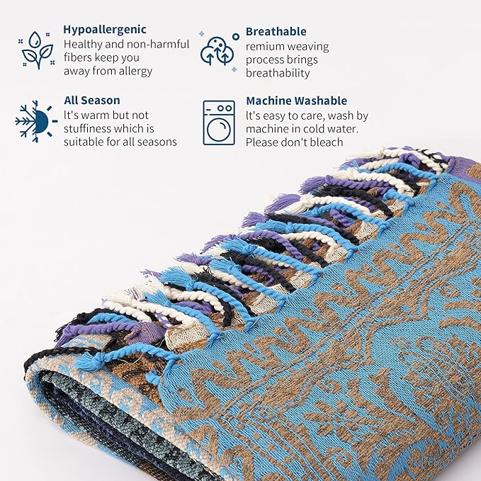Boho Throw Blanket, Chenille Jacquard Tassels Throw Blankets for Bed Couch Sofa Chair，Bohemian Decor Couch Cover (Purple, Large 86 * 102Inches)