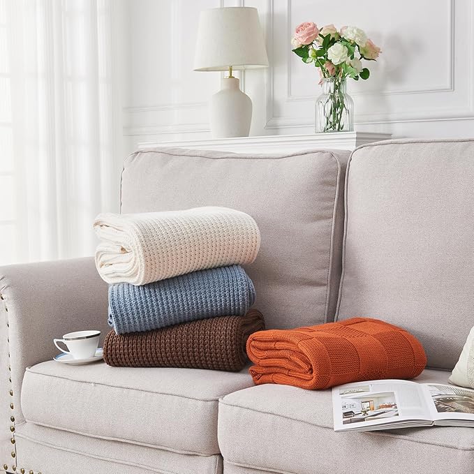 Douceur Cream Throw Blanket for Bed, Soft Chunky Cable Knit Throw Blanket, Classic Fisherman's Rib Stitch Pattern Throw for Living Room,60"X80"