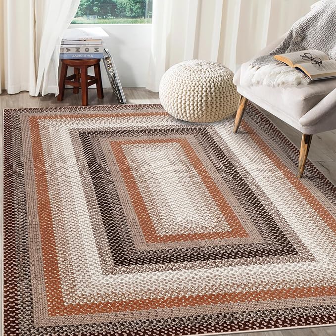 RUGSREAL Large Living Room Area Rug 10x13 Braided Washable Rug Non Slip Bedroom Carpet Stain Resistant Dining Room Throw Rug Braid Printed Farmhouse Accent Area Rug for Home Decor Office, Brown/Rust
