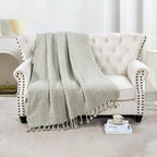 Chunky Knit Throw Blanket with Braided Tassels 50" x 60", Hand Knitted Soft Thick Yarn Basket Weave Boho Farmhouse Blanket, Plush Fluffy Tassel Decor Throw for Couch Bed Sofa, Silver Green