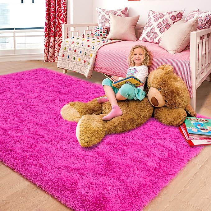 ISEAU Fluffy Rug Carpets Soft Shaggy Area Rugs Indoor Floor Mats for Kids Room Fuzzy Carpet Comfy Cute Nursery Mat Bedside Rug for Boys Girls Bedroom Living Room Home Decor Mat, 3ft x 5ft, Hot Pink