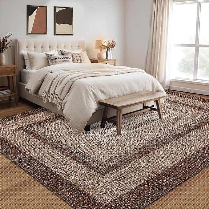 RUGSREAL 3x5 Area Rug, Washable Rug for Bedroom Braided Printed Throw Mat, Living Room Rug Non Slip Stain Resistant Small Dining Room Carpet, Rustic Accent Small Carpet for Entryway Home Decor, Brown