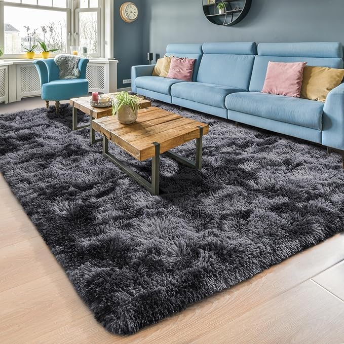 ISEAU Area Rugs 8x10 Feet for Living Room Rugs, Ultra Soft Fluffy Rugs for Bedroom, Non-Slip Modern Large Shag Bedroom Rug, Carpet for Living Room Home Decor, Tie-Dyed Dark Grey