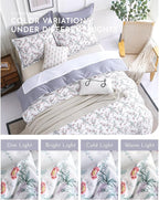 ALEISSEL White Floral Cotton Comforter Queen Size - 3PC Lightweight Bedding Sets with Soft Fill, Elegant Pale Purple & Burgundy Botanical Patterns with Light Gray Reversible Design