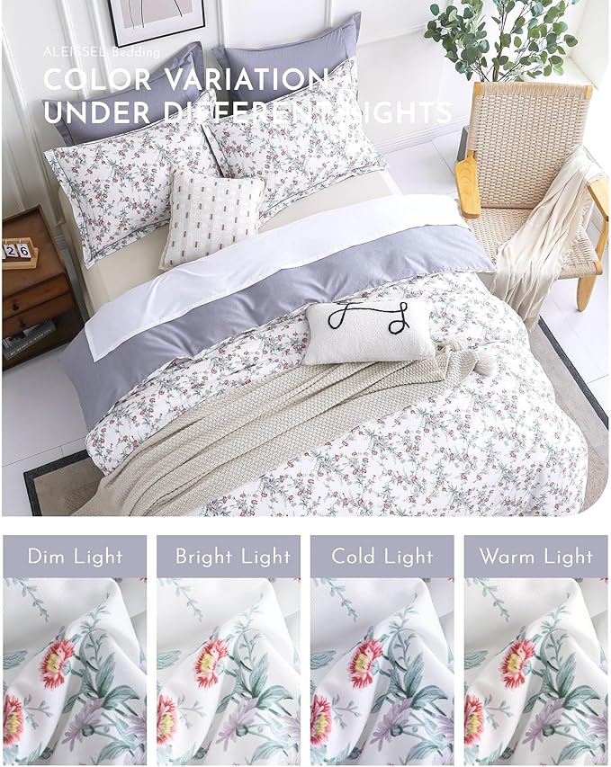 ALEISSEL White Floral Cotton Comforter King Size - 3PC Lightweight Bedding Sets with Soft Fill, Elegant Pale Purple & Burgundy Botanical Patterns with Light Gray Reversible Design