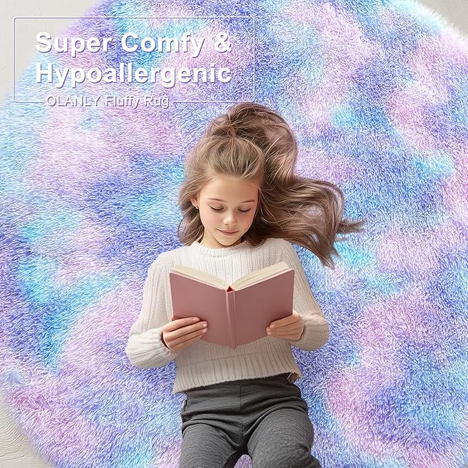 OLANLY Purple Rainbow Round Rugs for Bedroom - Machine Washable, 4x4 Feet Circle Area Rugs for Living Room, Soft and Fluffy Shaggy Carpet for Girls and Boys, Nursery Rooms, Dorms, Home Decor Aesthetic
