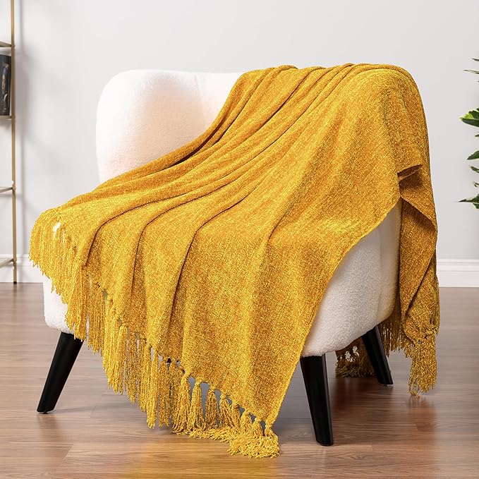 Pavilia Mustard Yellow Chenille Blanket for Twin Size Bed, Soft Gold Knit with Tassel Fringe, Woven Chenille Decorative Blanket for Sofa Couch Living Room Decor Gift, Twin 60x80