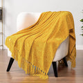 Pavilia Mustard Yellow Throw Blanket for Couch & Sofa Bed, Soft Knit Woven Gold Blanket with Tassel, Decorative for Chair & Living Room, 50x60