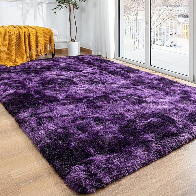 Softlife Dark Purple Area Rug for Bedroom, Fluffy Shag Plush Shaggy 4x6 Rugs for Living Room Girls Kids, Throw Soft Fuzzy Tie Dyed Small Carpet for Dorm Bedside Ultra Cozy Non-Slip Indoor Decor