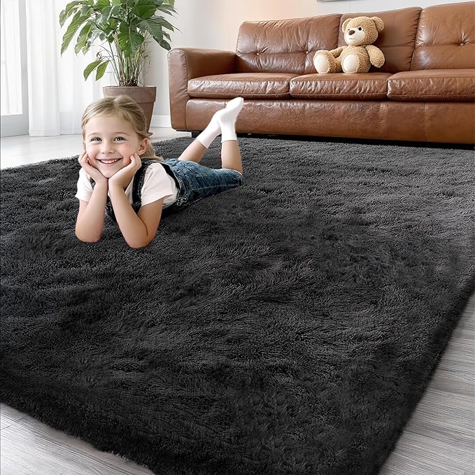 Shag Black Rug, 4x6 Area Rug for Dorm Bedroom Living Room, Non-Slip Ultra Fluffy Soft Area Rugs for Kids Room, Girls Room, Study, Office, Playroom, Easy to Clean, Modern Carpet Décor