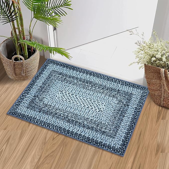 RUGSREAL 2x3 Entryway Rug Small Bedroom Area Rug Braided Printed Mat for Living Room Farmhouse Kitchen Mat Indoor Non Slip Rustic Throw Carpet Machine Washable Rug for Sink Under Table, Blue