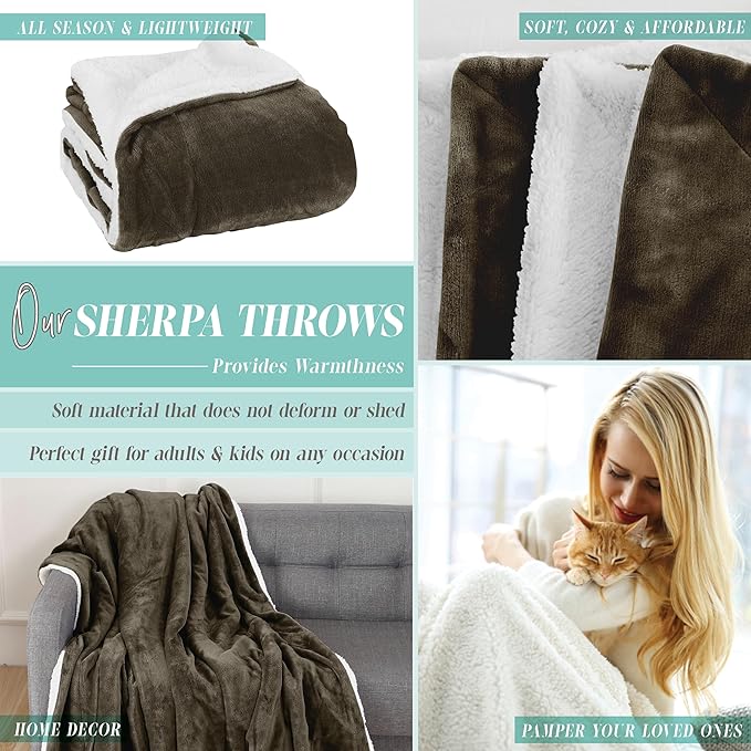 Elegant Comfort Throw Blanket, Reversible Sherpa Flannel, Ultra-Soft, Fuzzy, Cozy and Plush- All Season Lightweight Decorative Throw, 50 x 60 inches, Solid Sherpa Throw, Brown