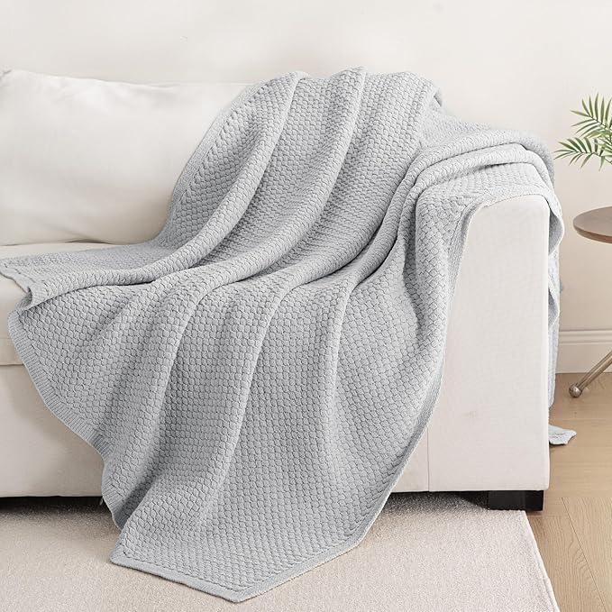 Whale Flotilla Chunky Knit Throw Blanket for Couch and Bed, Light Grey Decorative Cozy Fleece Blanket, Reversible Soft Fuzzy Woven Throws, 50x60 Inch