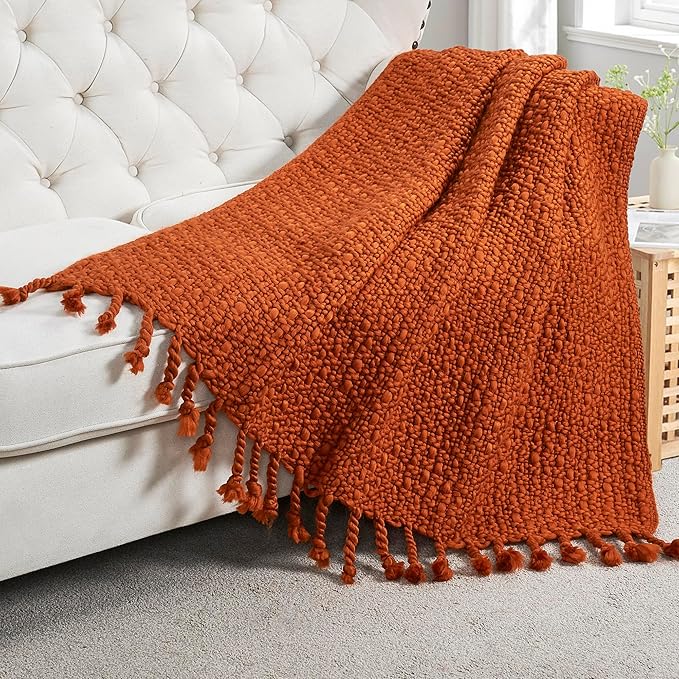 Chunky Knit Throw Blanket with Braided Tassels 50" x 60", Hand Knitted Soft Thick Yarn Basket Weave Boho Farmhouse Blanket, Plush Fluffy Tassel Decor Throw for Couch Bed Sofa, Rust Orange