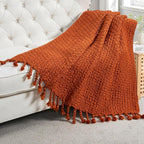 Chunky Knit Throw Blanket with Braided Tassels 50" x 60", Hand Knitted Soft Thick Yarn Basket Weave Boho Farmhouse Blanket, Plush Fluffy Tassel Decor Throw for Couch Bed Sofa, Rust Orange