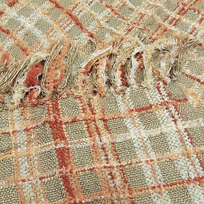 Multicolored Chenille Knitted Throw Soft Cozy Fluffy Reversible Boho Plaid Throw Blanket with Tassels for Couch Chair Bed Cover Living Room Bedroom Décor, 50" x 60", Burnt Orange
