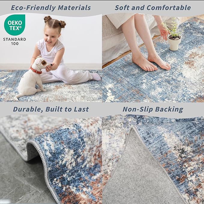 2x8 Washable Non-Slip Hallway Runner Rug – Modern Coastal Abstract Neutral Stain-Resistant Low-Pile Carpet Runner for Kitchen Entryway Bedroom Bathroom (Blue Rust,2x8)