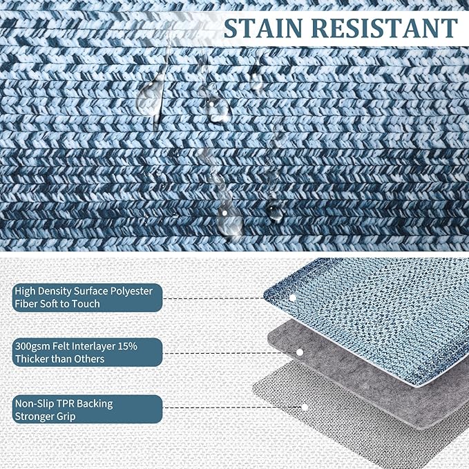 RUGSREAL 8x10 Braided Print Area Rug Washable Rug Non Slip Farmhouse Rustic Floor Carpet Boho Dining Room Carpet Modern Geometric Throw Floor Cover Bohemian Border Rug for Living Room Bedroom, Blue