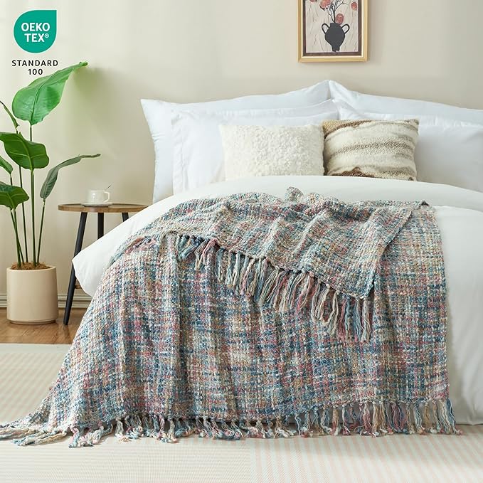 Multi-Color Pink Blue Cable Woven Throw Blanket for Couch,60"X80" Boho Style Textured Blankets for Home Decor,Super Soft Warm Cozy Chunky Blanket with Decorative Tassels for Bed