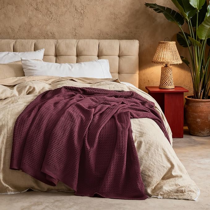 Bedsure Gentlesoft 100% Cotton Blanket Twin XL Size for College Dorm - Breathable and Soft for Spring Summer, Waffle Weave Twin Blanket for Bed, Dorm Room Essentials, Burgundy, 66x90 inches