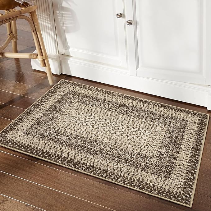 RUGSREAL Entryway Rug 2x3 Small Bedside Throw Mat with Rubber Backing Machine Washable Living Room Rug Non Slip Bathroom Mat Stain Resistant Braided Print Carpet for Dining Room Kitchen Hallway, Camel