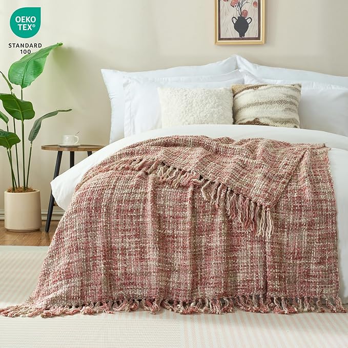 Multi-Color Light Pink Cable Woven Throw Blanket for Couch,60"X80" Boho Style Textured Blankets for Home Decor,Super Soft Warm Cozy Chunky Blanket with Decorative Tassels for Bed
